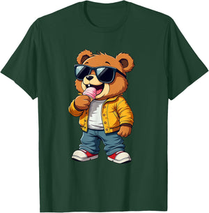 Cool Teddy Bear with Sunglasses Eating Ice Cream T-Shirt - T-Shirt | Forest
