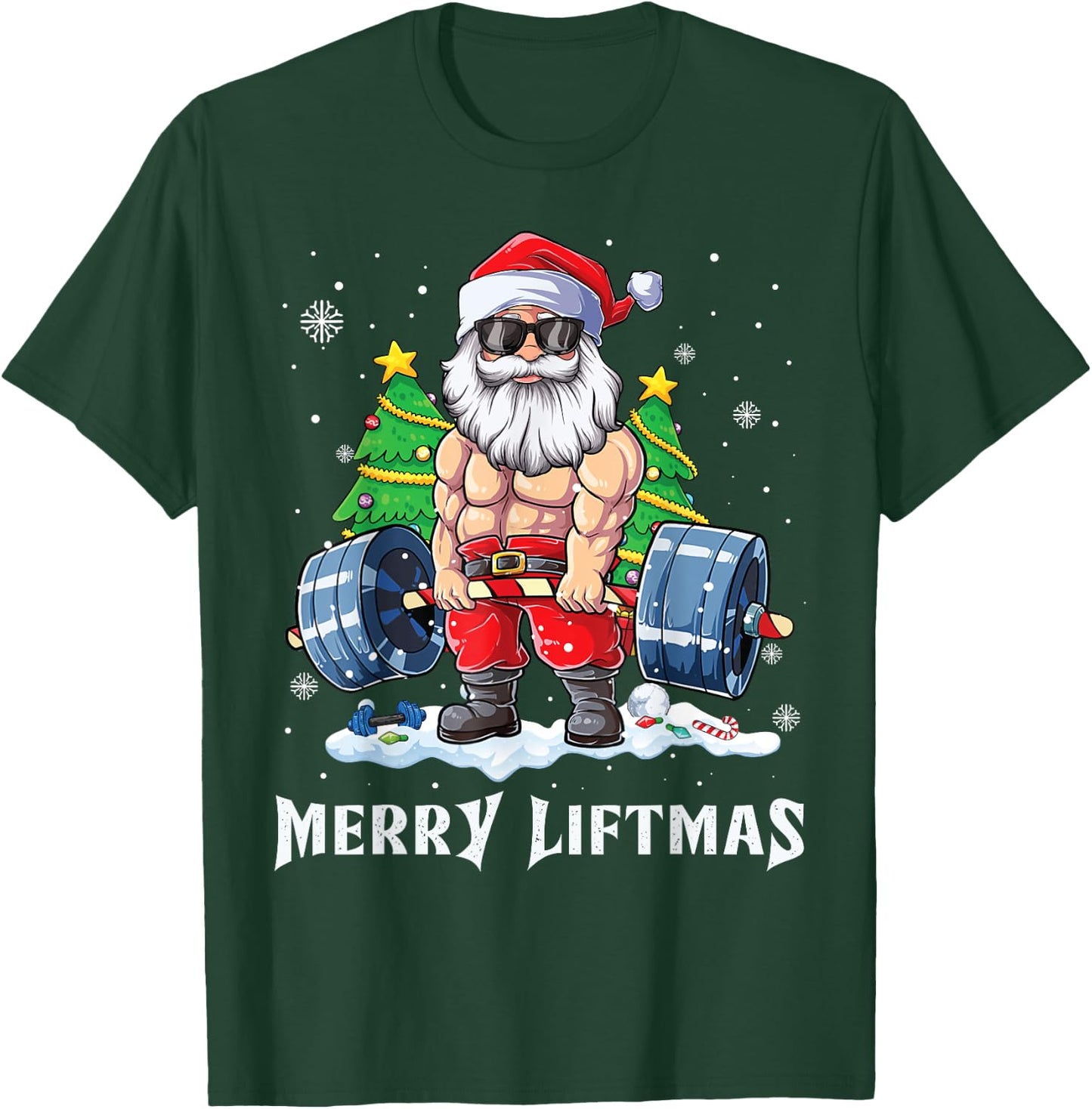 Merry Liftmas Funny Santa Claus Gym Fitness Weightlifting T-Shirt - T-Shirt | Forest