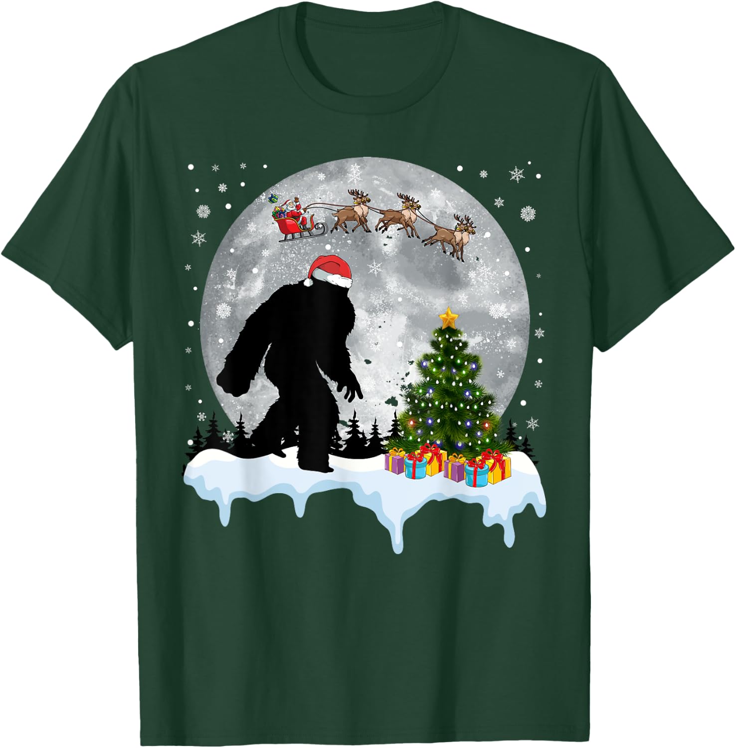 Christmas Bigfoot Santa Tree Sleigh Moon Reindeer Snow T-Shirt - T-Shirt | Forest