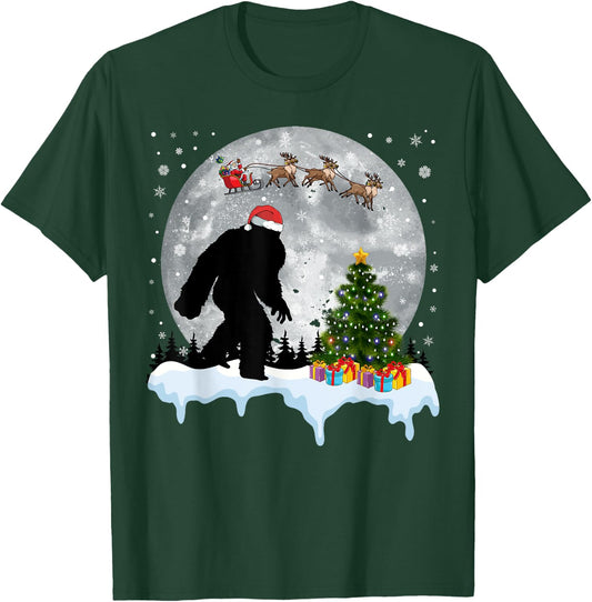 Christmas Bigfoot Santa Tree Sleigh Moon Reindeer Snow T-Shirt - T-Shirt | Forest