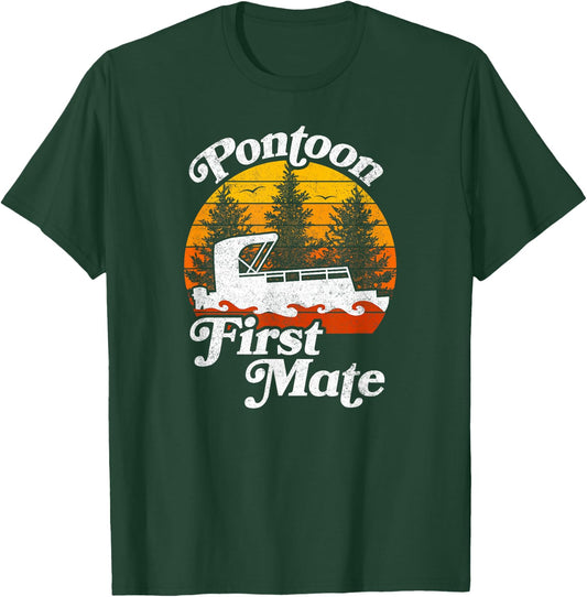 Vintage Retro Style Sunset Pontoon First Mate T-Shirt - T-Shirt | Forest