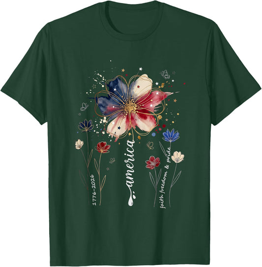 250th Anniversary Wildflower USA Flag Patriotic 4th of July T-Shirt - T-Shirt | Forest
