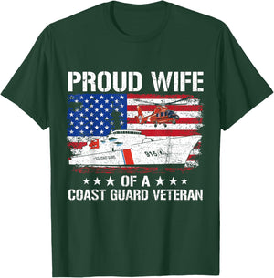 Proud Wife Of A US Coast Guard Veteran Flag USA American T-Shirt - T-Shirt | Forest