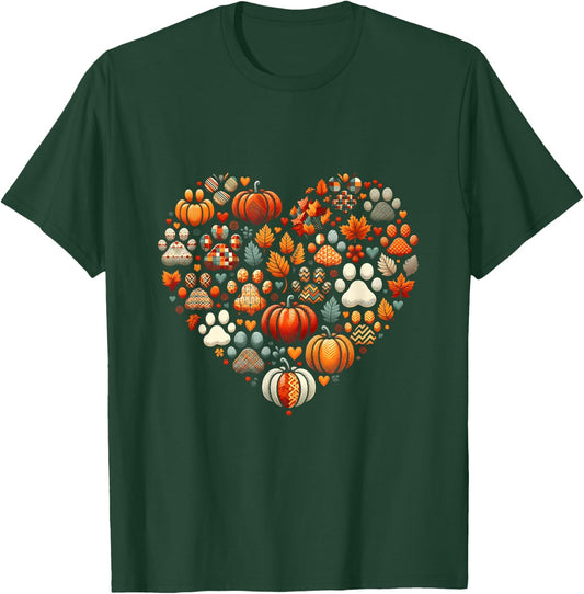 Cute Dog Cat Paw Print Pumpkin Autumn Leaf Fall Thanksgiving T-Shirt - T-Shirt | Forest
