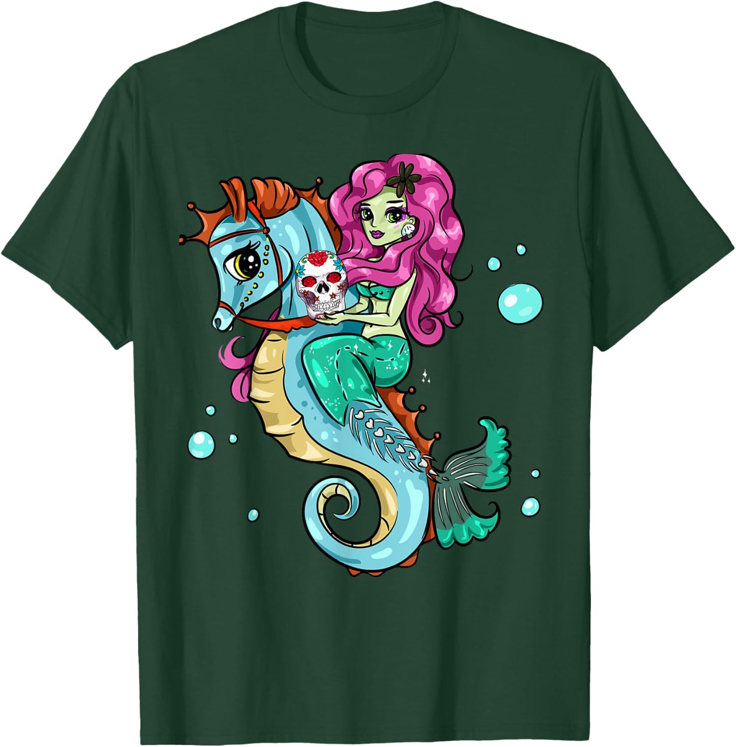 Halloween Skeleton Mermaid Sugar Skull Sea Horse T-Shirt - T-Shirt | Forest