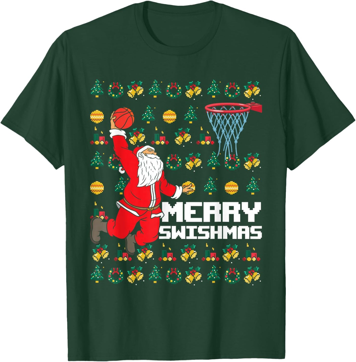 Merry Swishmas Basketball Fun Christmas Sporty Santa Xmas T-Shirt - T-Shirt | Forest