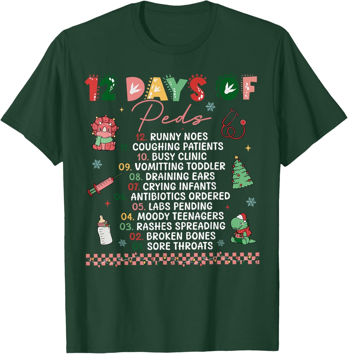 Retro Christmas Pediatric 12 Days of Peds Nurse Nursing T-Shirt - T-Shirt | Forest