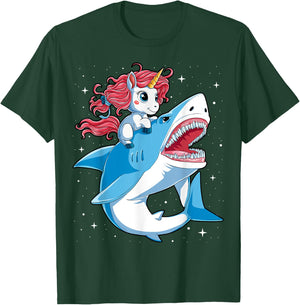 Unicorn Riding Shark T shirt Boys Kids Space Galaxy Gifts T-Shirt - T-Shirt | Forest