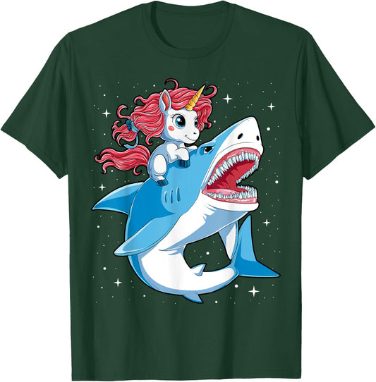 Unicorn Riding Shark T shirt Boys Kids Space Galaxy Gifts T-Shirt - T-Shirt | Forest