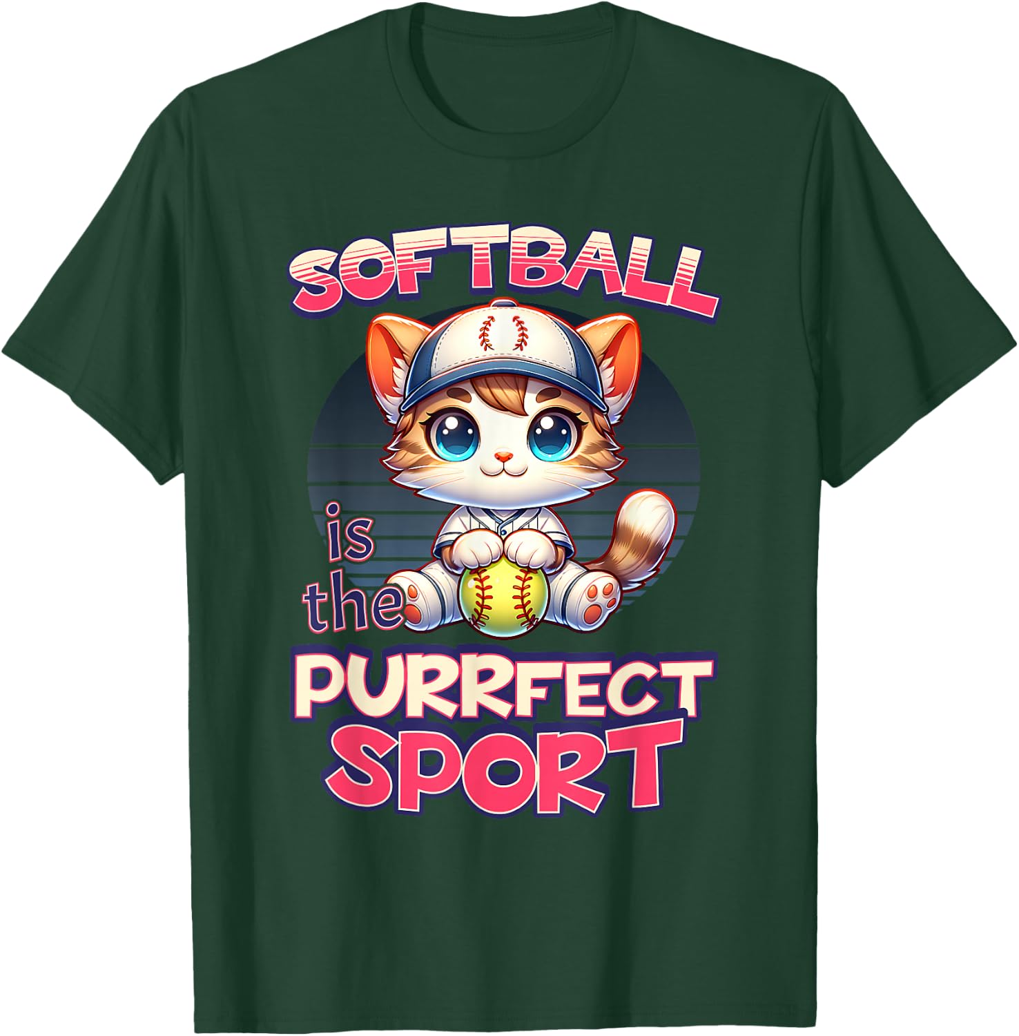 Softball is the Purrfect Sport Cute Kitty Cat Kitten Graphic Women Girls Kids T-Shirt - T-Shirt | Forest