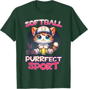 Softball is the Purrfect Sport Cute Kitty Cat Kitten Graphic Women Girls Kids T-Shirt - T-Shirt | Forest
