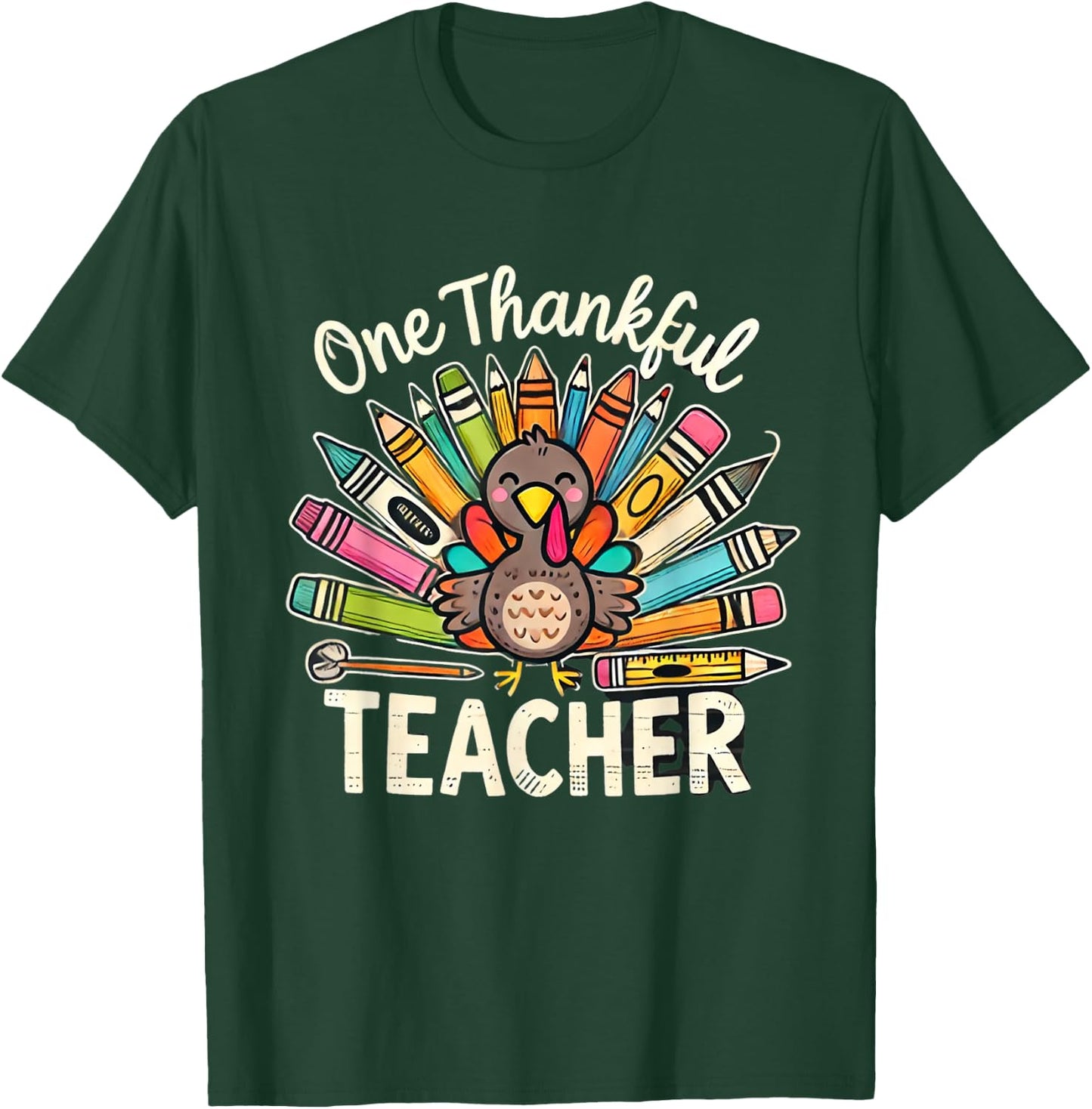 One Thankful Teacher Cute Thanksgiving Turkey School T-Shirt - T-Shirt | Forest