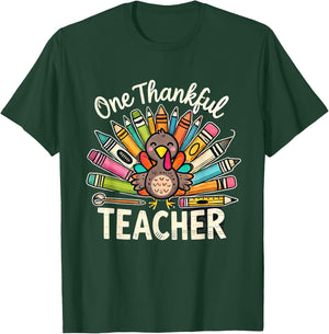 One Thankful Teacher Cute Thanksgiving Turkey School T-Shirt - T-Shirt | Forest