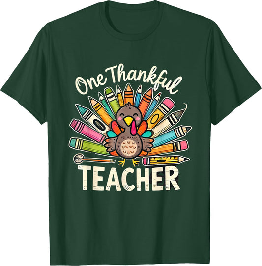 One Thankful Teacher Cute Thanksgiving Turkey School T-Shirt - T-Shirt | Forest