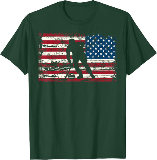 Curling American Flag USA Winter Sports Man Woman T-Shirt - T-Shirt | Forest