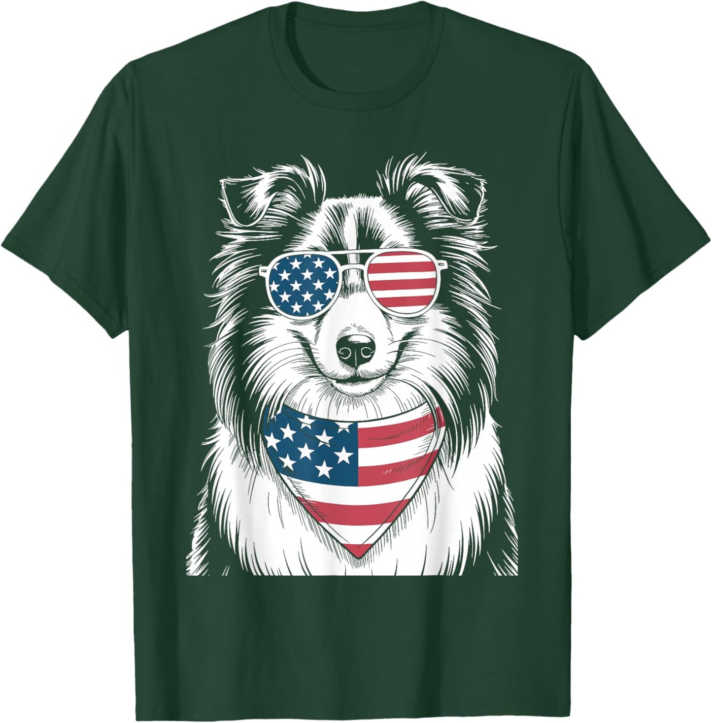 Shetland Sheepdog Dog USA Flag Patriotic 4th of July Men Women Kids T-Shirt - T-Shirt | Forest