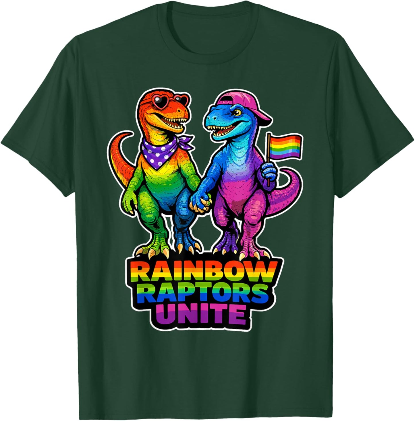 Rainbow Raptors Unite Pride Dino Unity LGBTQ Design T-Shirt - T-Shirt | Forest