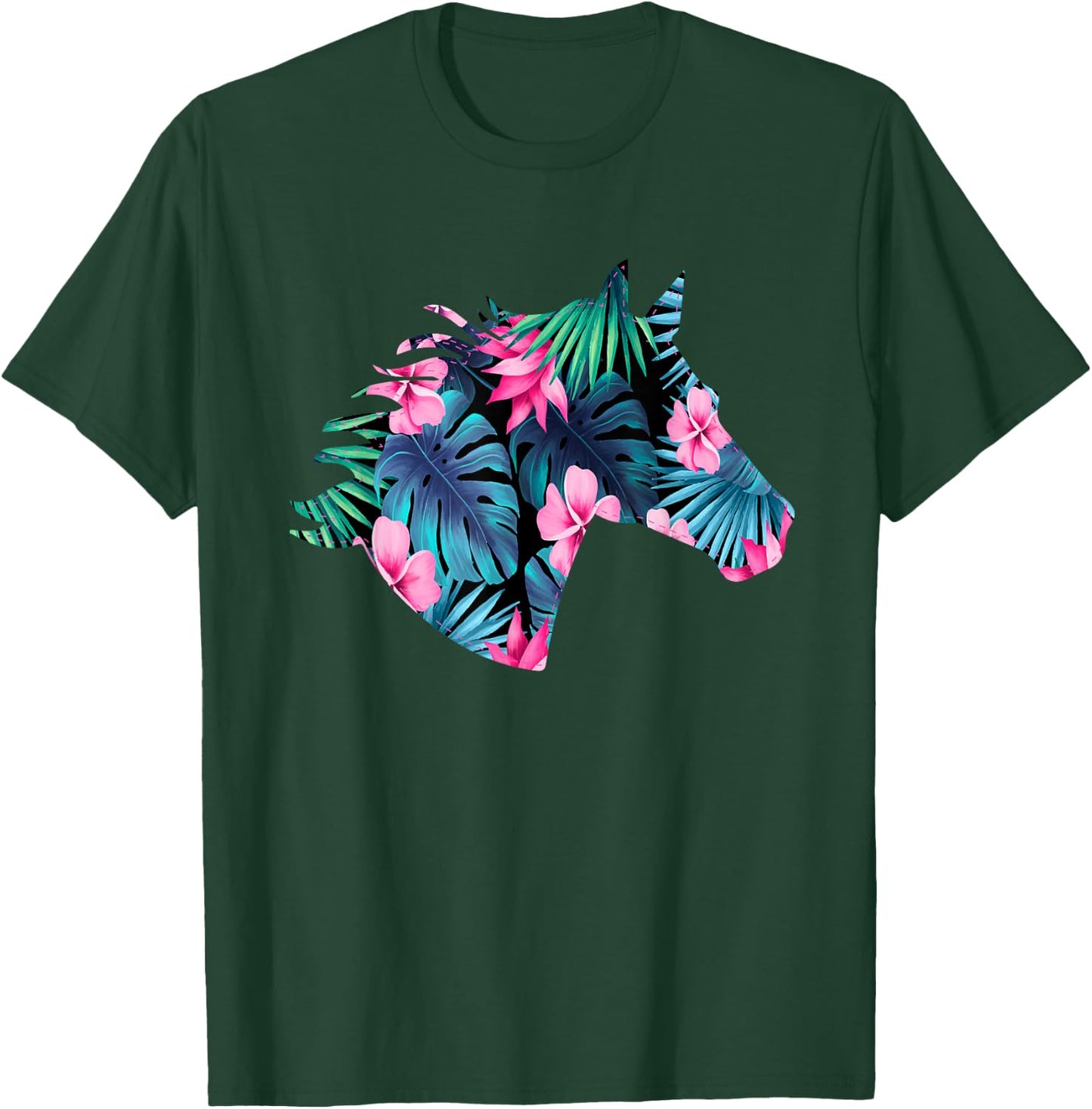 Horse Silhouette | For Horse Lover | Hawaiian Floral T-Shirt - T-Shirt | Forest