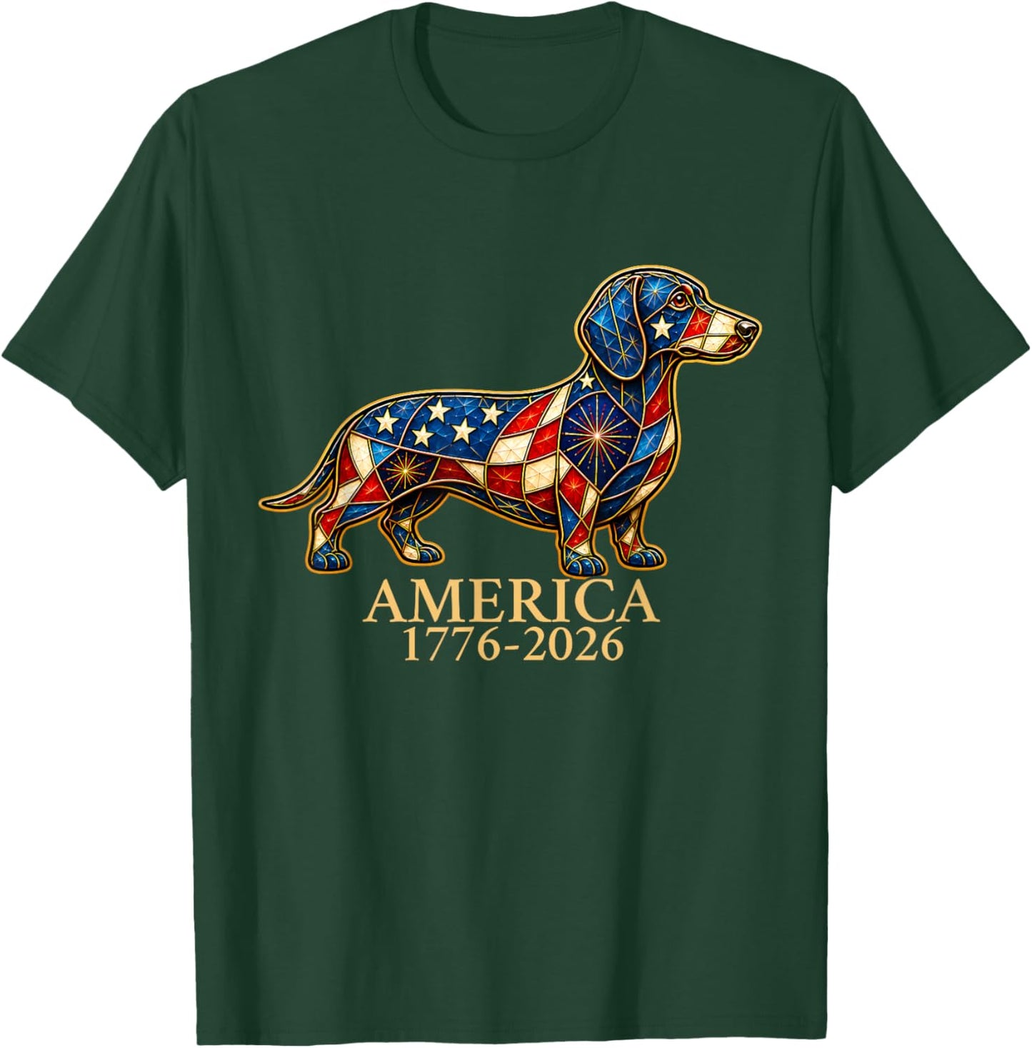 Dachshund-Mosaic America 1776-2026 Dog Patriotic July 4th T-Shirt - T-Shirt | Forest