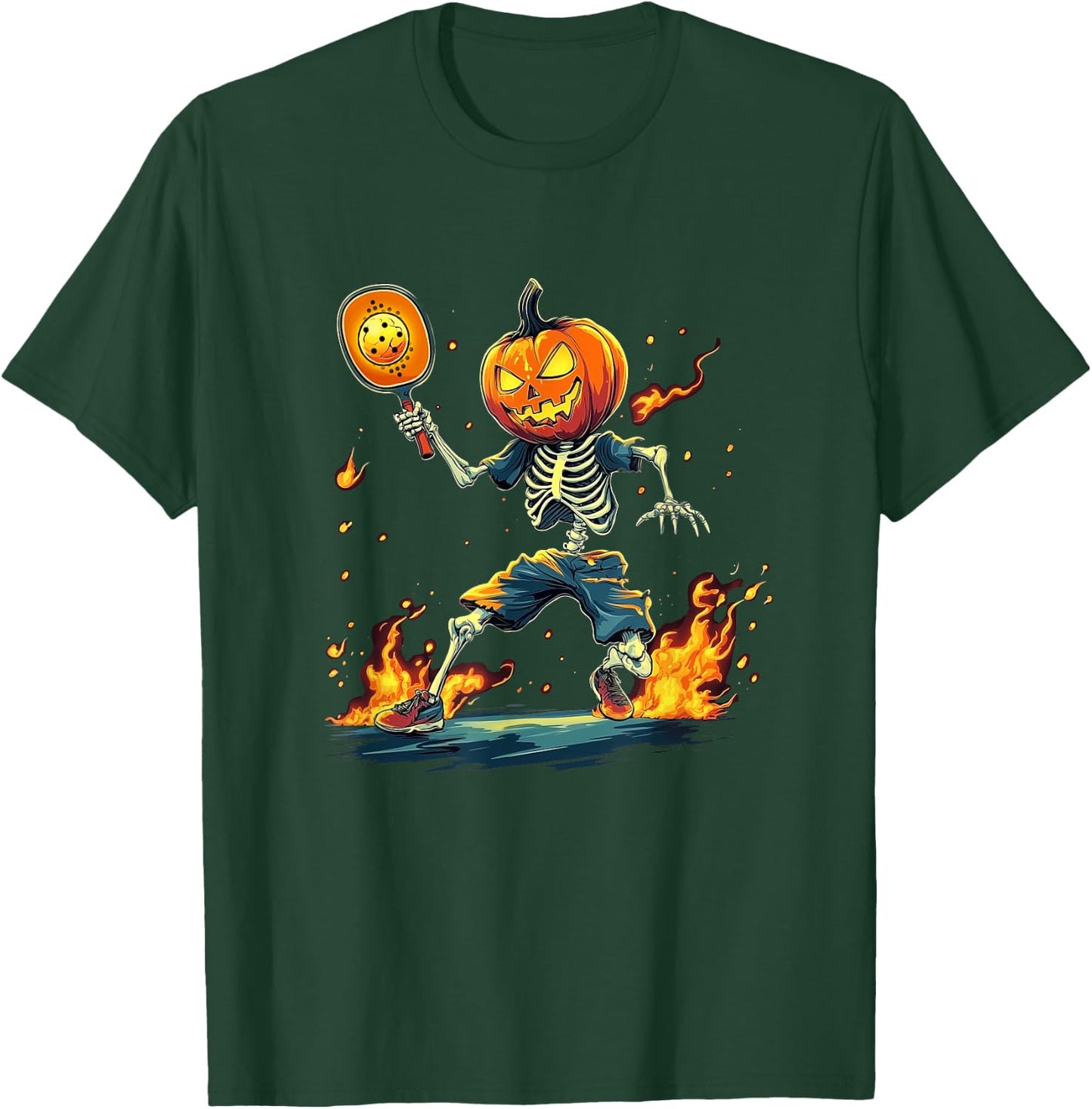 Pumpkin Head Skeleton Pickleball Halloween Spooky Sports T-Shirt - T-Shirt | Forest