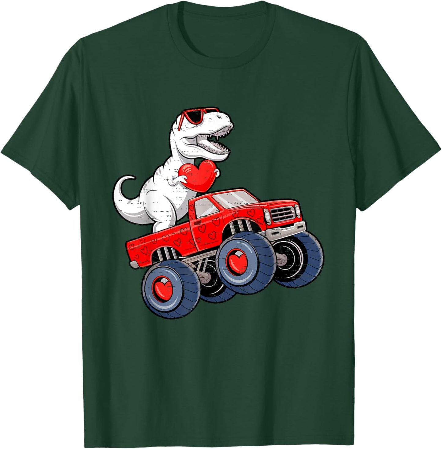 Valentines Day Dinosaur T Rex Riding Truck Toddler Boys Kids T-Shirt - T-Shirt | Forest