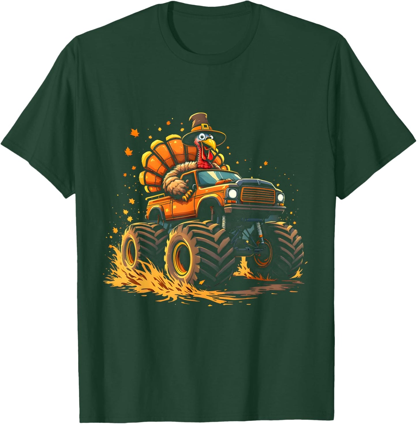 Funny Thanksgiving Turkey Riding Monster Truck Men Women Boy T-Shirt - T-Shirt | Forest