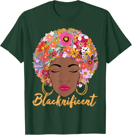 Blacknificient Floral Afro Hair African American Gift Women T-Shirt - T-Shirt | Forest