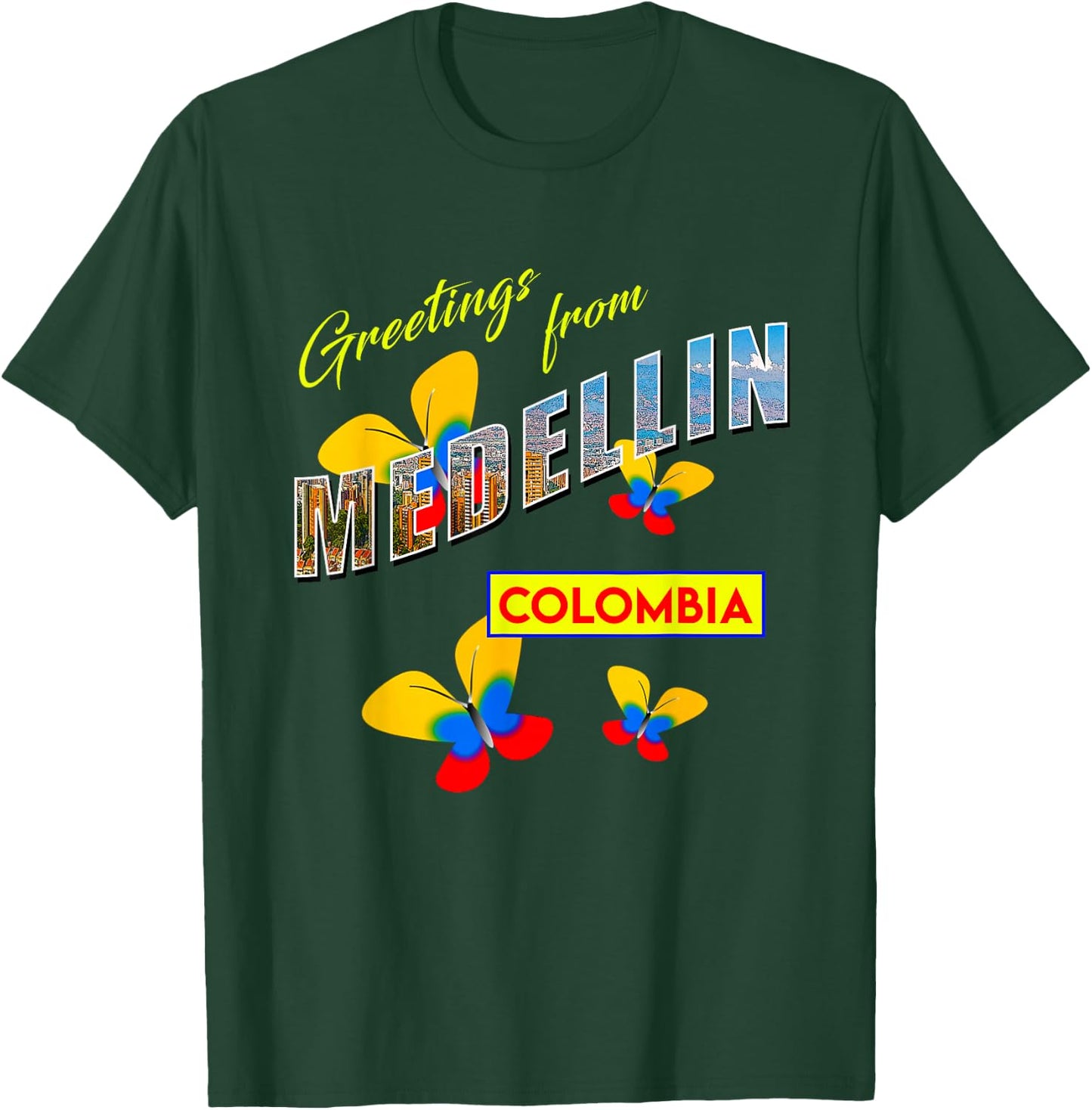 Greetings From Medellin Colombia Retro Postcard Style T-Shirt - T-Shirt | Forest
