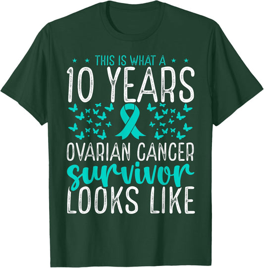 10 Years Cancer Survivor Ribbon Ovarian Cancer Awareness T-Shirt - T-Shirt | Forest