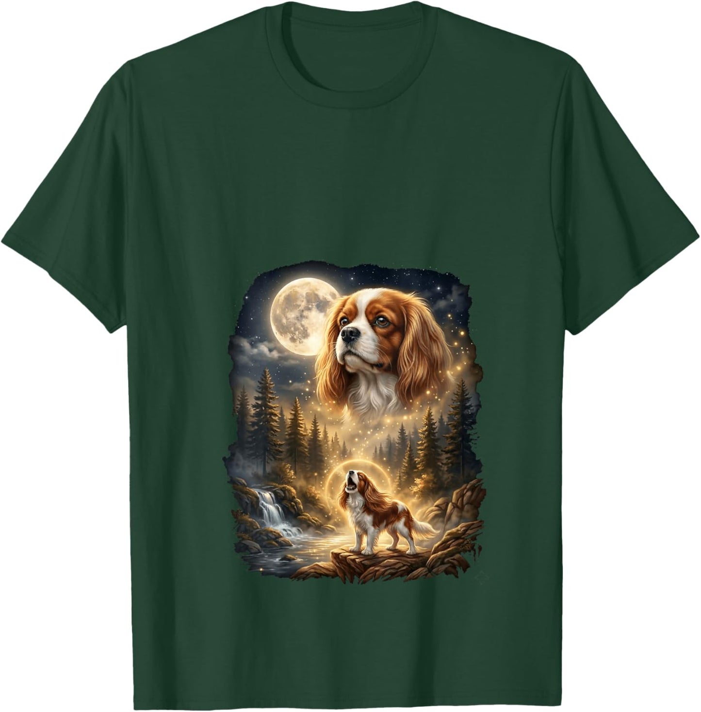 Women's Cavalier King Charles Spaniel Howling At The Moon Retro V-Neck T-Shirt - T-Shirt | Forest