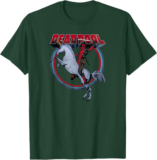 Marvel Deadpool Riding A Unicorn Circle Graphic C1 T-Shirt - T-Shirt | Forest