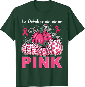 In October We Wear Pink Pumpkin Breast Cancer Awareness T-Shirt - T-Shirt | Forest