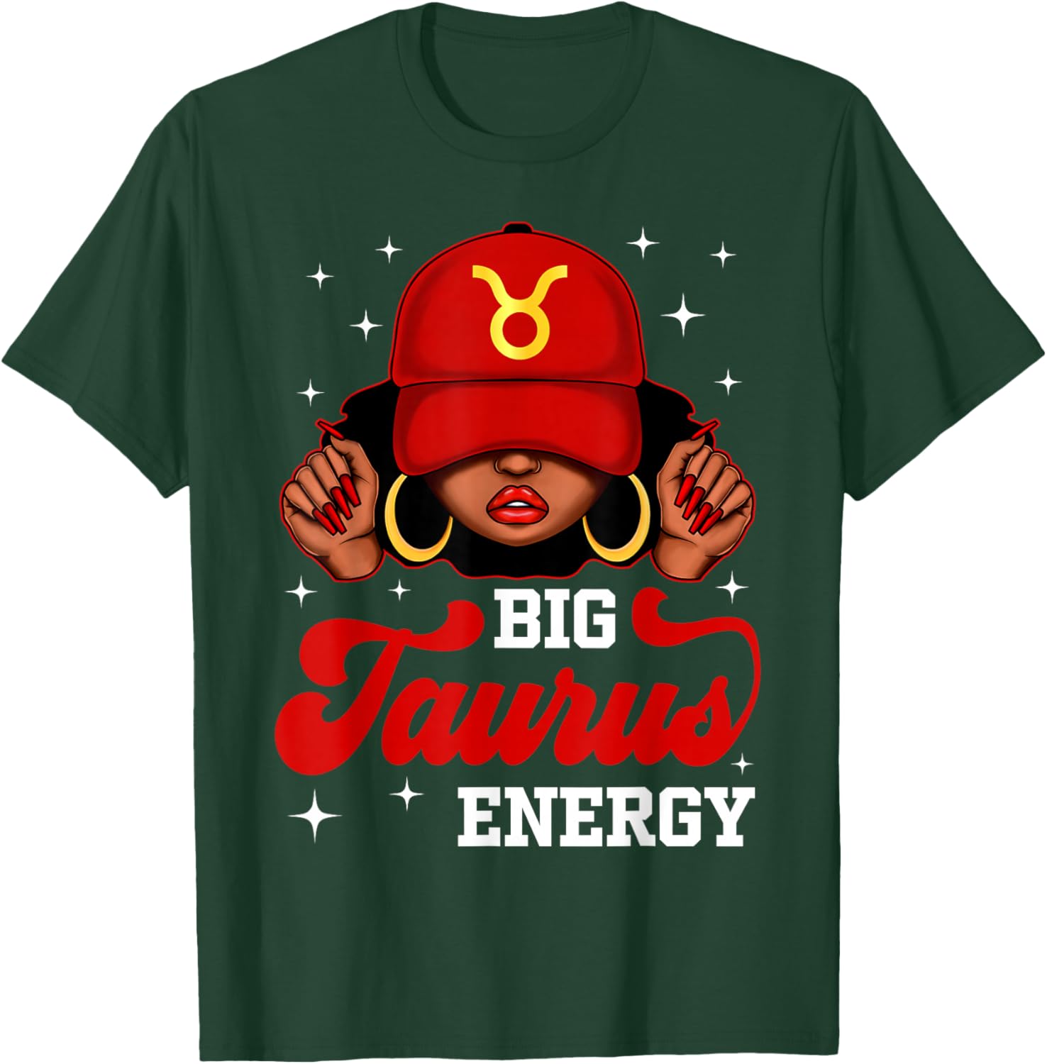 Big Taurus Energy Black Woman with Red Cap Zodiac T-Shirt - T-Shirt | Forest