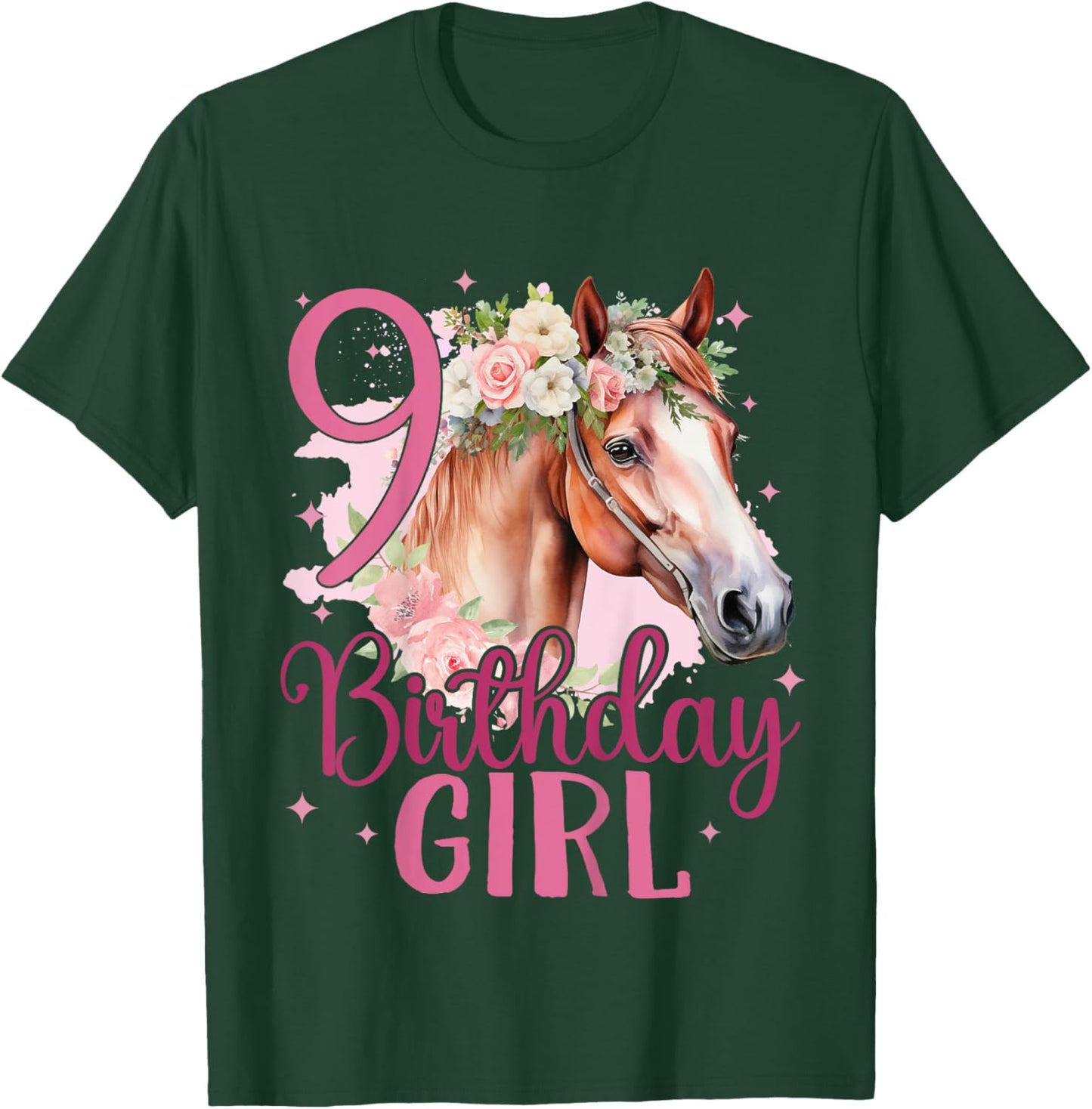Kids 9th Birthday Horse Girl 9 Years Old Nine 9 Birthday Girl T-Shirt - T-Shirt | Forest