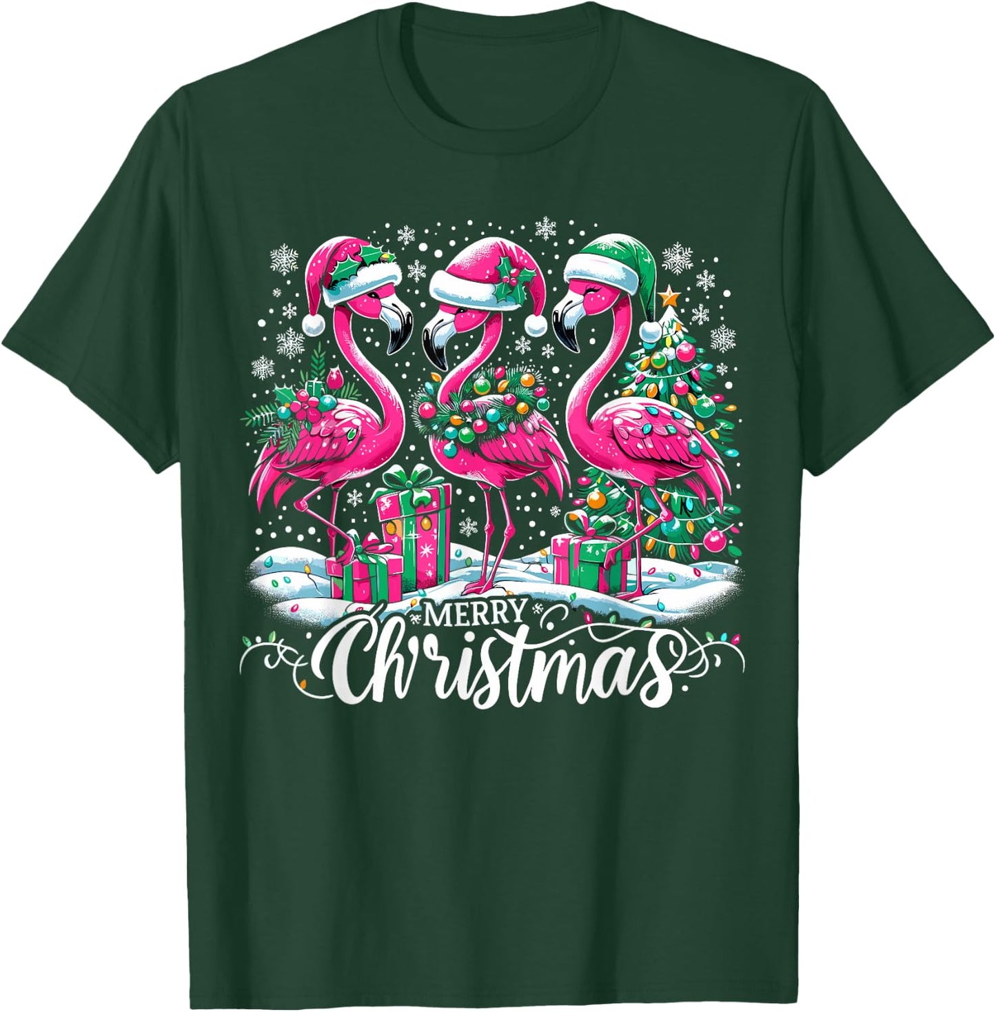 Merry Christmas Hat Santa Flamingo Light Christmas T-Shirt - T-Shirt | Forest