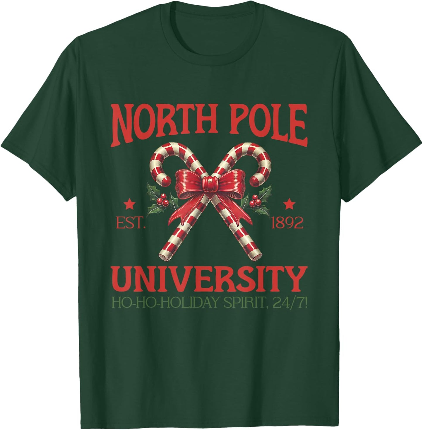 North Pole University Retro Christmas Candy Cane Holiday T-Shirt - T-Shirt | Forest