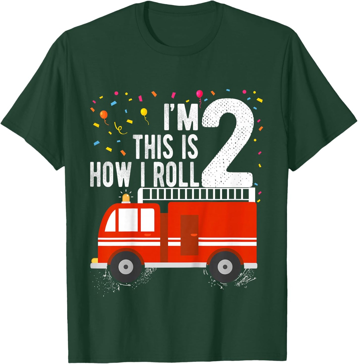 Fire Truck 2nd Birthday Boy 2 Year Old Firefighter T-Shirt - T-Shirt | Forest