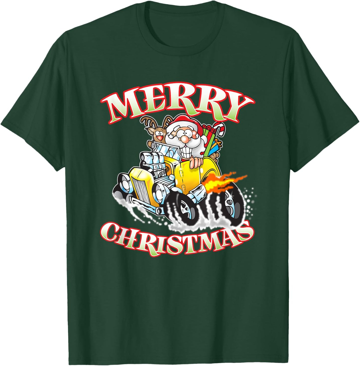 Funny Merry Christmas Santa Reindeer Hot Rod Coupe T-Shirt - T-Shirt | Forest