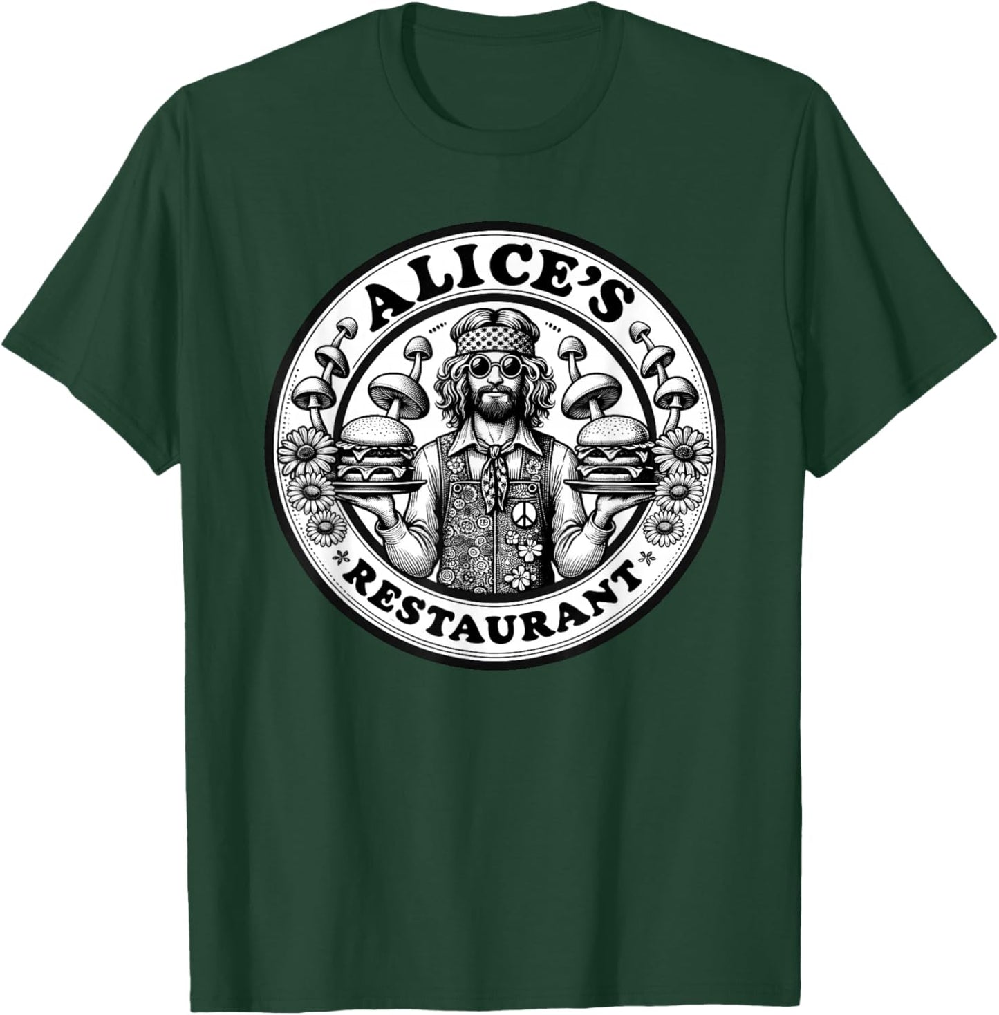 Retro Hippie Mushroom Hamburger Waiter Alice's Restaurant T-Shirt - T-Shirt | Forest