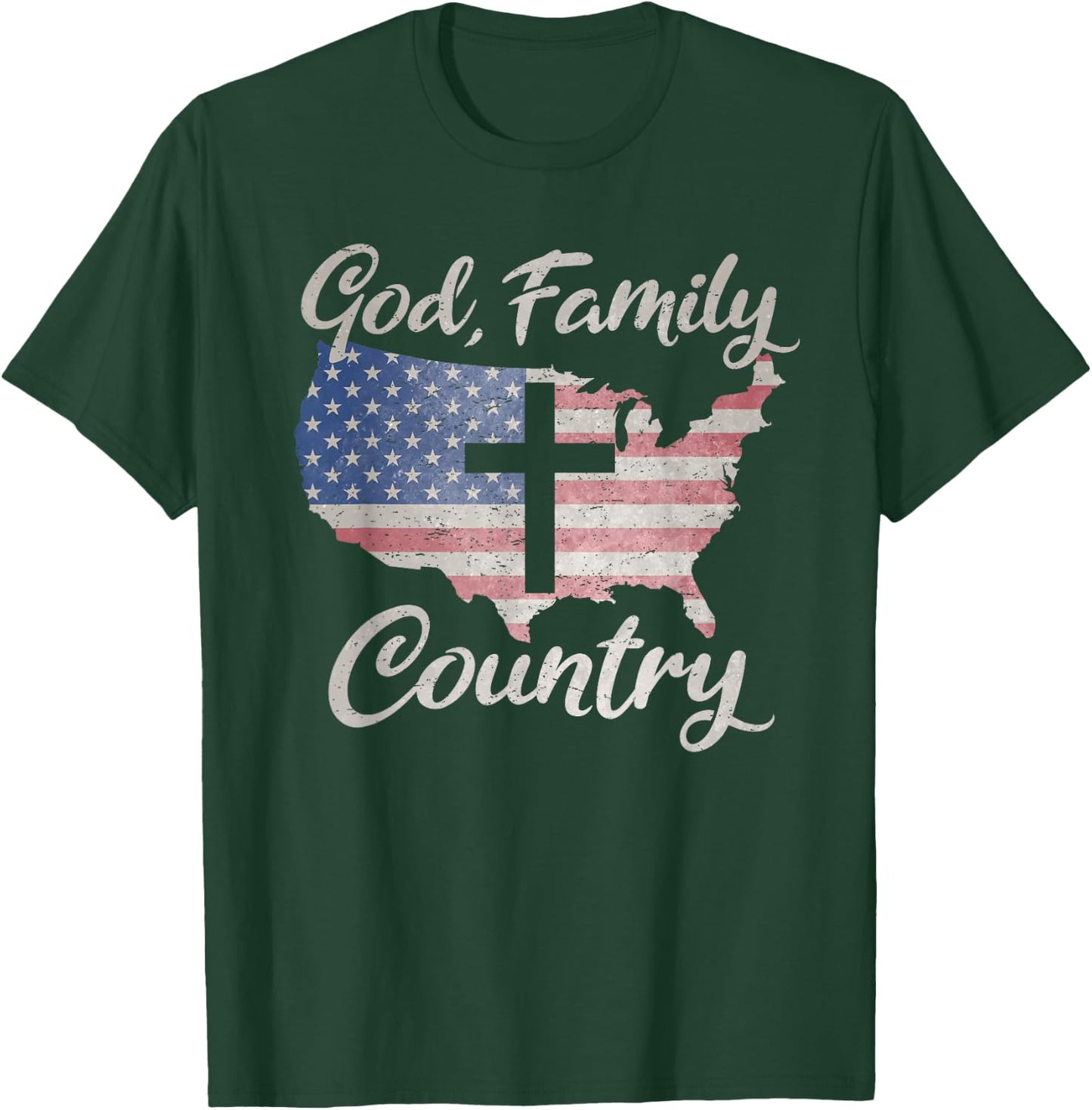 GOD FAMILY COUNTRY Christian Cross Vintage USA American Flag T-Shirt - T-Shirt | Forest