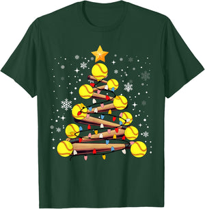 Softball Christmas Tree Light Xmas Softball Girls Kids T-Shirt - T-Shirt | Forest