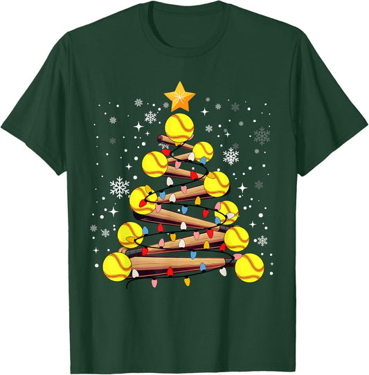 Softball Christmas Tree Light Xmas Softball Girls Kids T-Shirt - T-Shirt | Forest