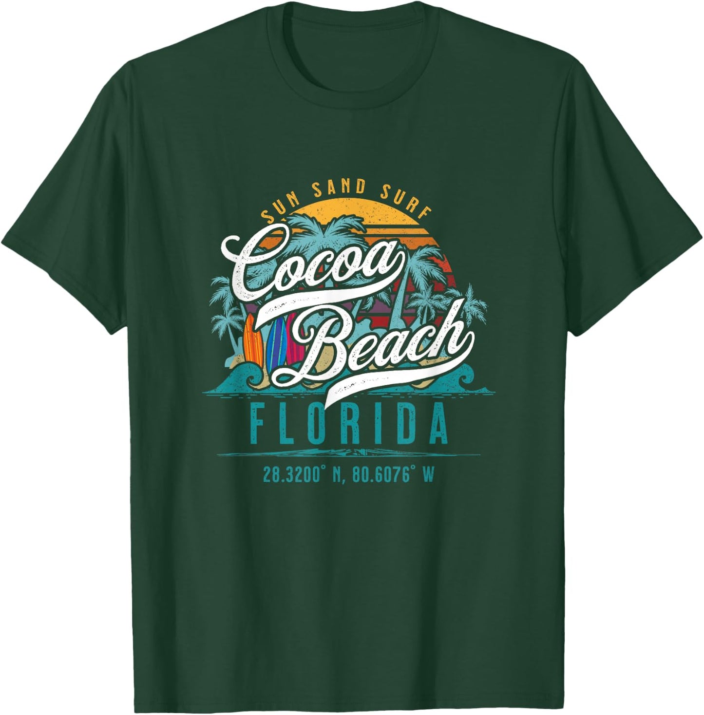 Cocoa Beach Florida Retro Sun Sand Surf Surfing Palm Trees T-Shirt - T-Shirt | Forest