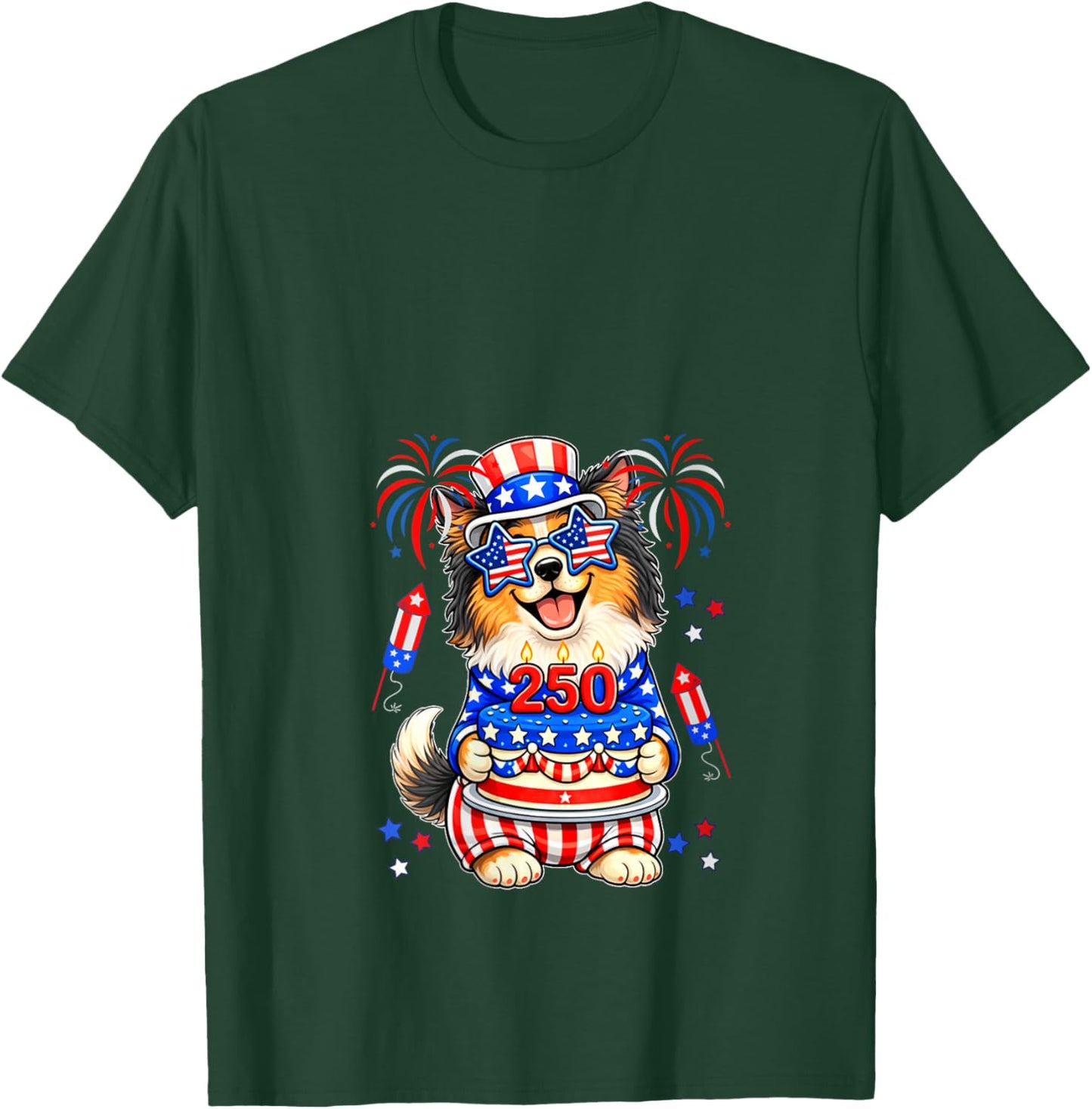 Women's 250 Proud 4th July US Flag Sheltie Sunglasses Birthday Cake V-Neck T-Shirt - T-Shirt | Forest