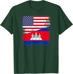Half Cambodian Flag | Vintage Cambodia USA Gift T-Shirt - T-Shirt | Forest