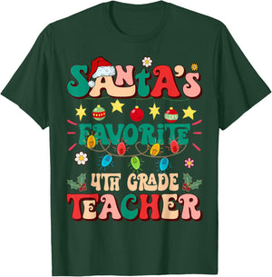 Retro Groovy Santa's Favorite 4th Grade Teacher Christmas T-Shirt - T-Shirt | Forest