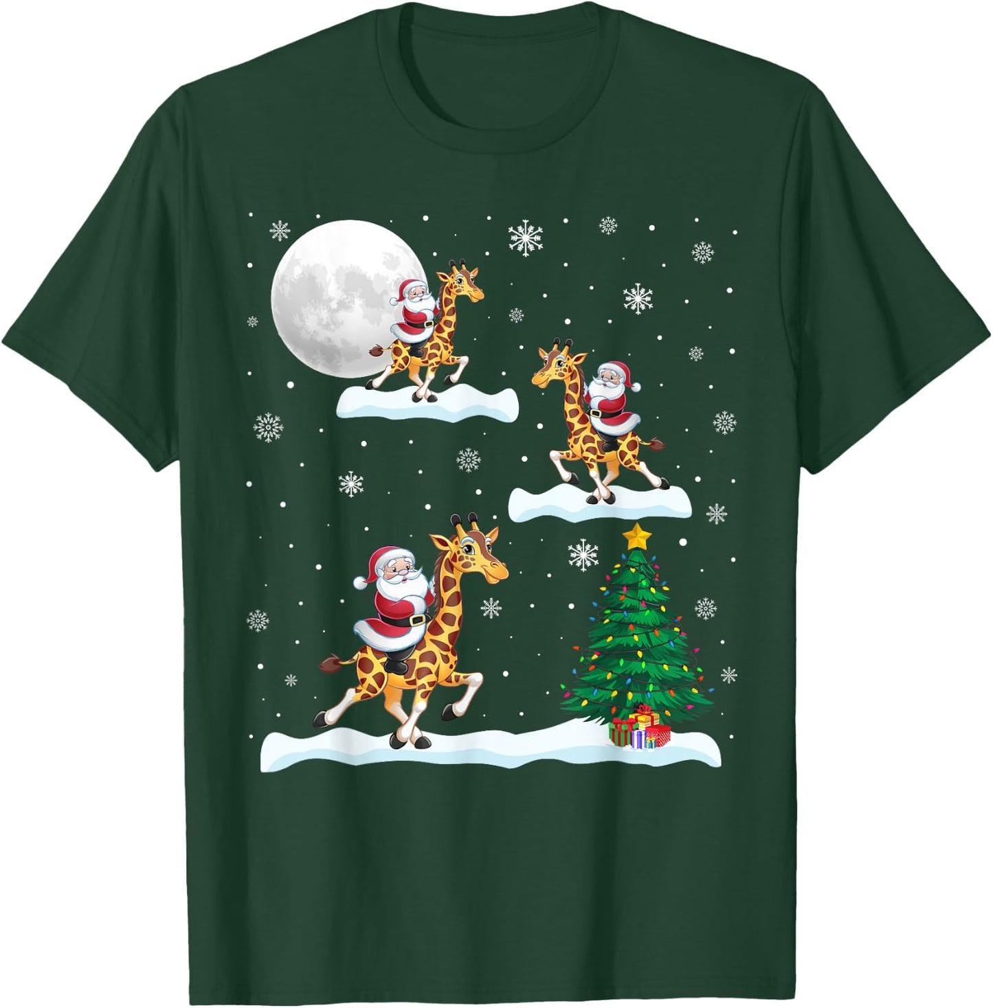 Funny Xmas Lighting Tree Santa Riding Giraffe Christmas T-Shirt - T-Shirt | Forest