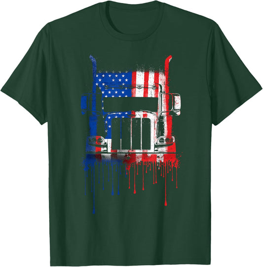 Trucker Truck Driver Semi American Flag USA Drip Graffiti T-Shirt - T-Shirt | Forest