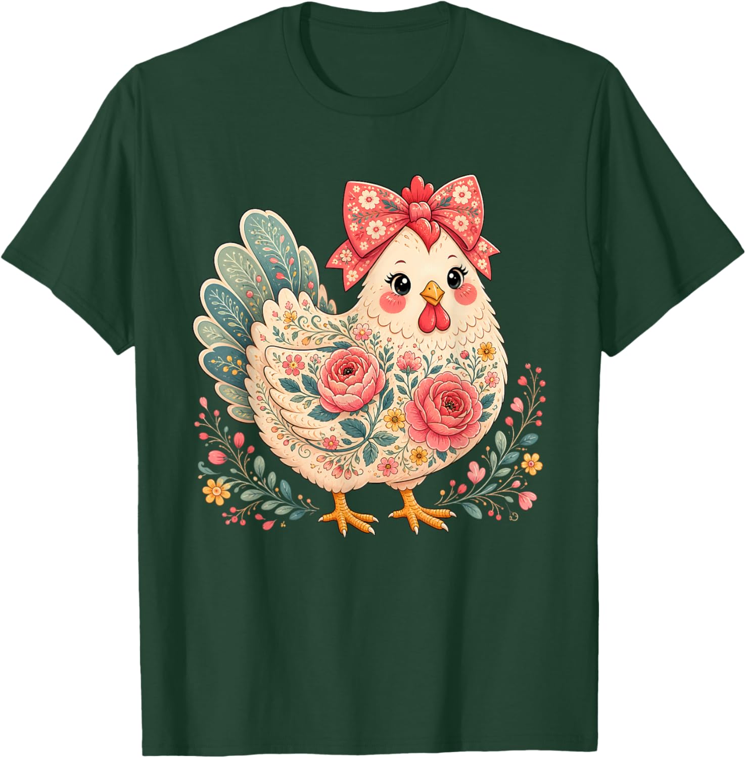 Chicken Lover Girls Women Floral Flower Bow Cute T-Shirt - T-Shirt | Forest