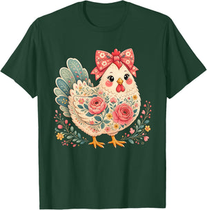Chicken Lover Girls Women Floral Flower Bow Cute T-Shirt - T-Shirt | Forest